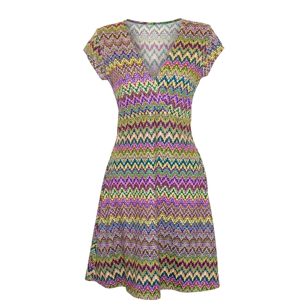 Melika Womens Multi Color Psychedelic Chevron‎ V-Neck A-Line Mini Dress Size M